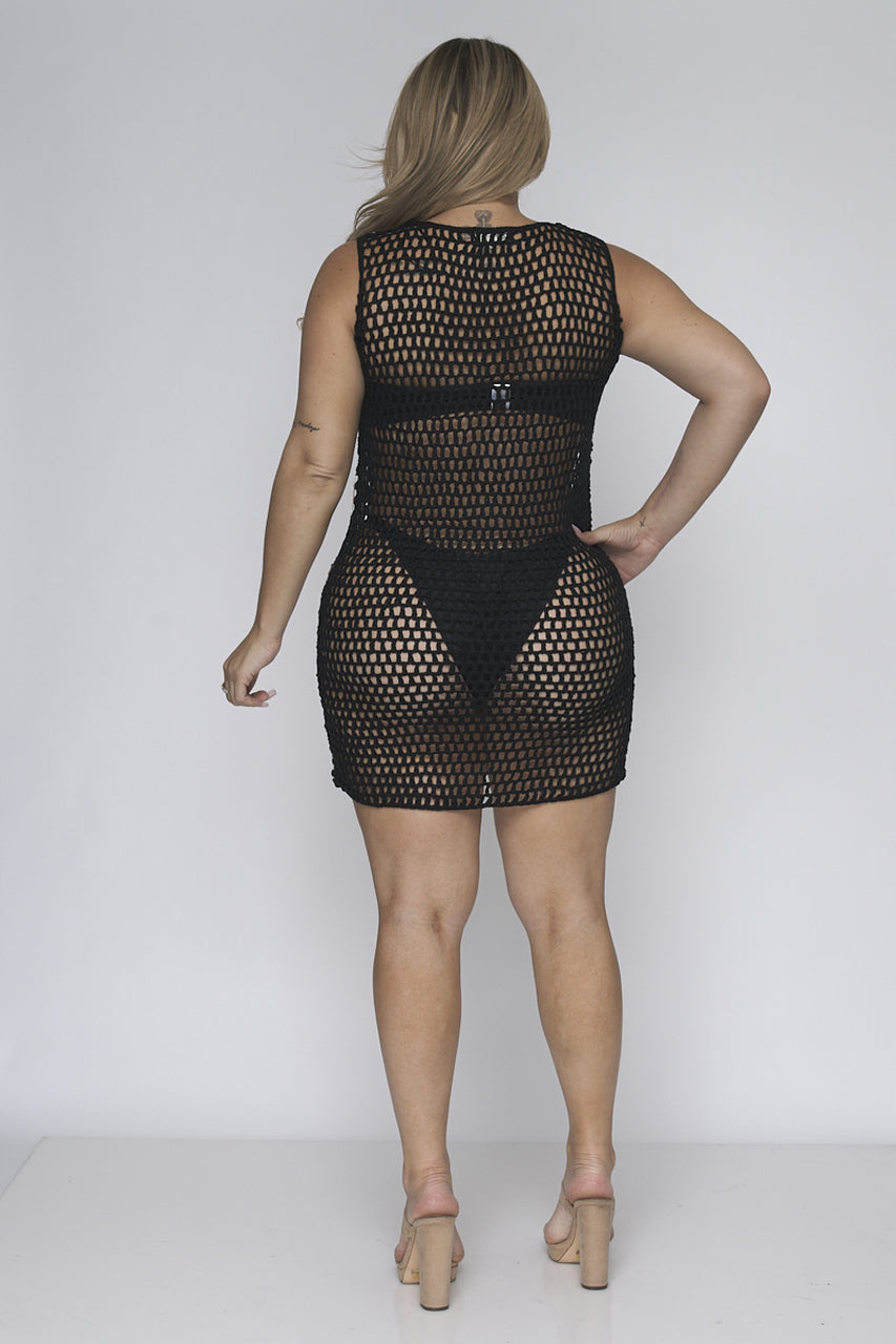 PLUS SIZE COVER-UP SUNFLOWERS CROCHET SEE-THROUGH DRESS