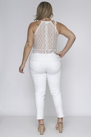WHITE PLUS SIZE SEXY SEE THROUGH SLEEVELESS LACE TOP W/FRONT LINING