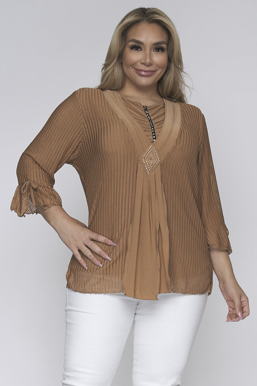 TAUPE PLUS SIZE 3/4 SLEEVE TOP FULL LINING LIGHTWEIGHT