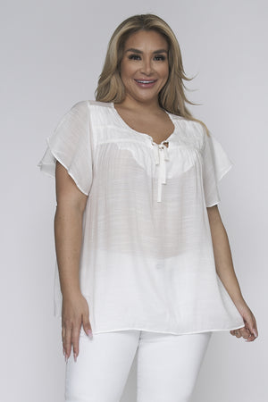WHITE PLUS SIZE SHORT SLEEVE TOP SEE-THROUGH LIGHTWEIGHT BLOUSE