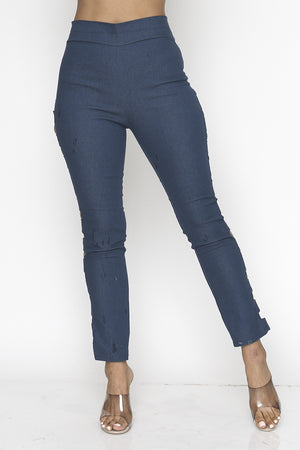BLUE CUT OUT SIDES FULL LENGTH STRETCHY DENIM JEANS