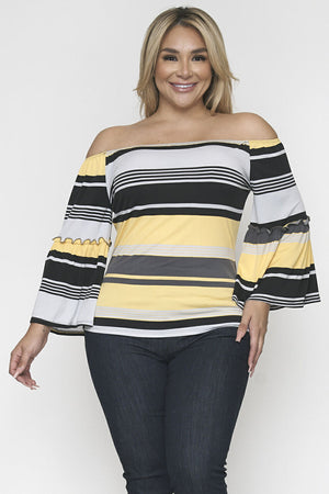 PLUS SIZE OPEN SHOULDERS SPAGHETTI STRAP STRIPED 3/4 TOP