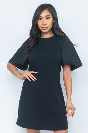 Black Elbow Sleeves Midi Dress