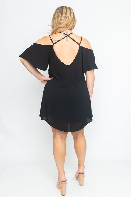 Black Plus Size Off Shoulder Spaghetti Strap Criss Cross Style Dress