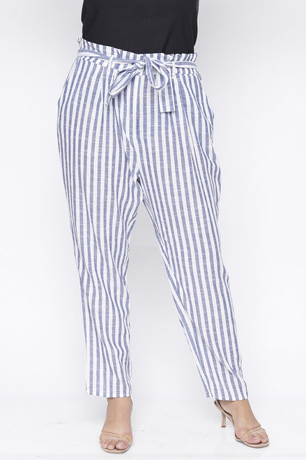 BLUE WHITE LIGHTWEIGHT STRIPED PLUS SIZE PANTS FRONT TIE