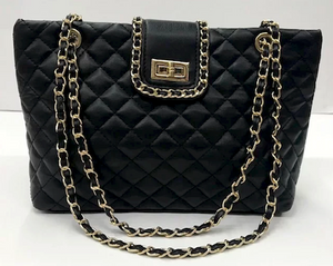 Fashionable Quilted Tote Bag Handbag 1 Magnetic Front Snap lock, Gold Chain