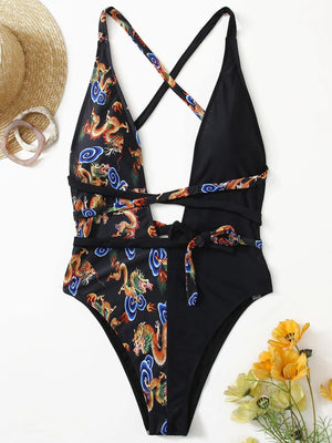 Chinese Dragon Print Plunging One Piece Swimsuit Plus Size