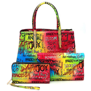 Graffiti Printed Shoulder Big Bags Fashion Large Travel Bags Women Luxury Chain Handbags 3 in 1 (Large Size, Black, Brown or Rainbow)