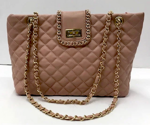 Fashionable Quilted Tote Bag Handbag 1 Magnetic Front Snap lock, Gold Chain