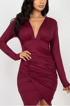 Ruched Bodycon Stetch Dress Low Cut V Neck Variety of Colors