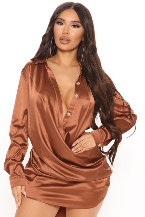 TIME OF YOUR LIFE SATIN COPPER BROWN SILKY DRESS HIGH-LOW LONG SLEEVE TOP