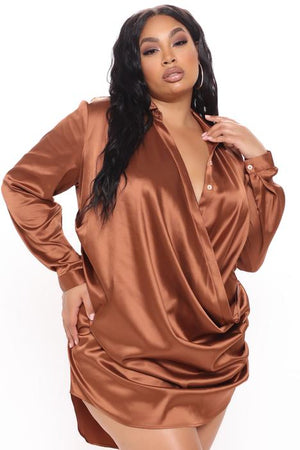 TIME OF YOUR LIFE SATIN COPPER BROWN SILKY DRESS HIGH-LOW LONG SLEEVE TOP